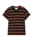 The Boxy Crew F25 by The Great Inc. is a short-sleeved, vintage tee with horizontal black, green, and reddish-brown stripes, shown flat on a white background.