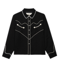 The Great Inc. The Western Shirt features black long sleeves, pearl snaps, white piping, a pointed collar, and arrow chest accents, shown on a plain white background.