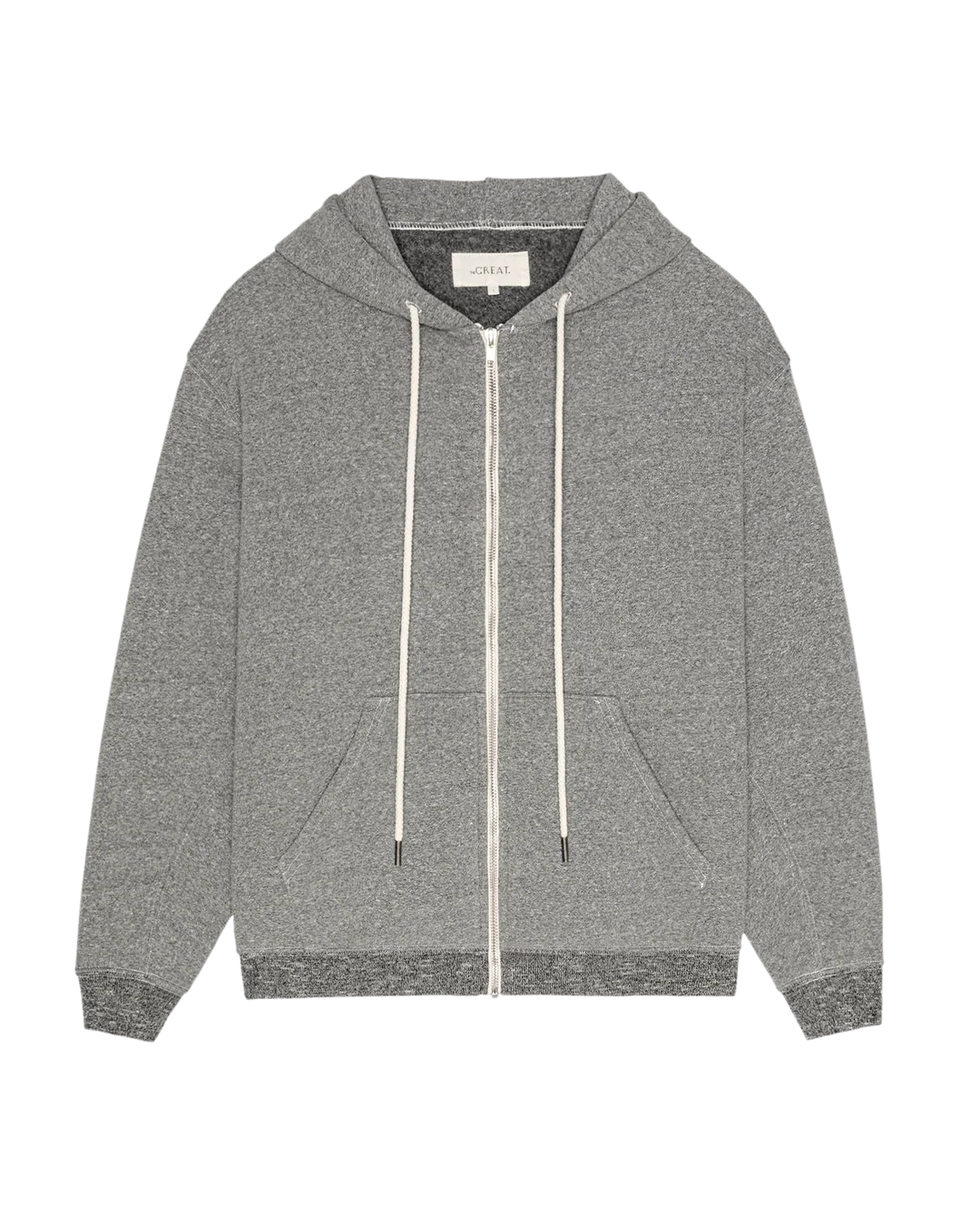 Heather grey fleece hoodie with white drawstrings and ribbed cuffs by The Great Inc., features front pockets.