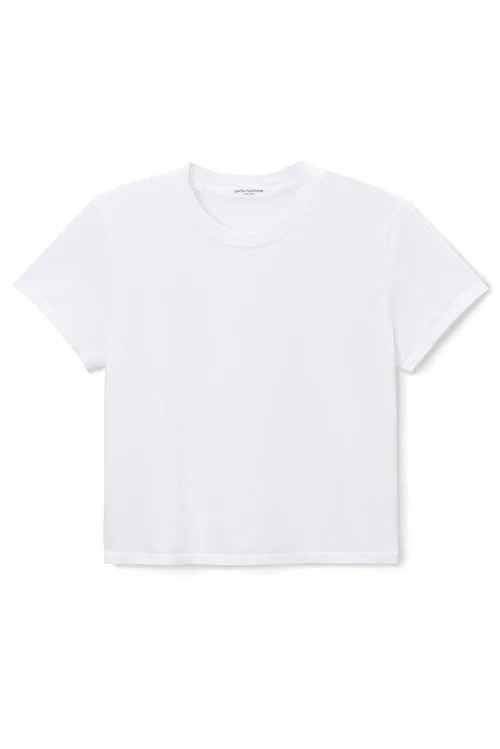 The Springsteen Baby Tee by Perfectwhitetee is a plain white short-sleeve crewneck t-shirt made from soft Supima cotton, shown laid flat against a white background.