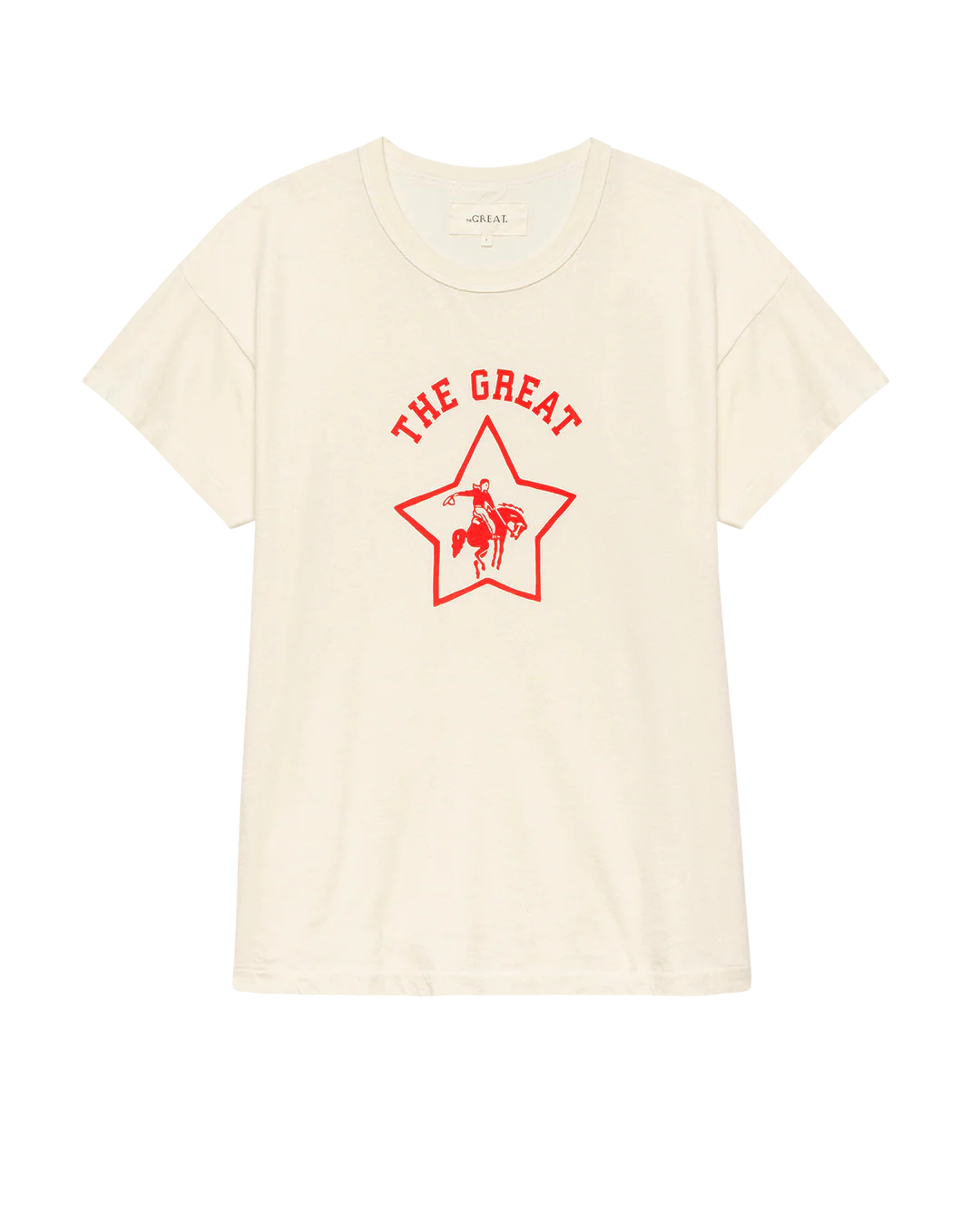 The Boxy Crew by The Great Inc. is a cream 100% cotton tee featuring red "THE GREAT" text, a star outline, and a one-legged bird graphic. Made in the USA for enduring comfort and quality.