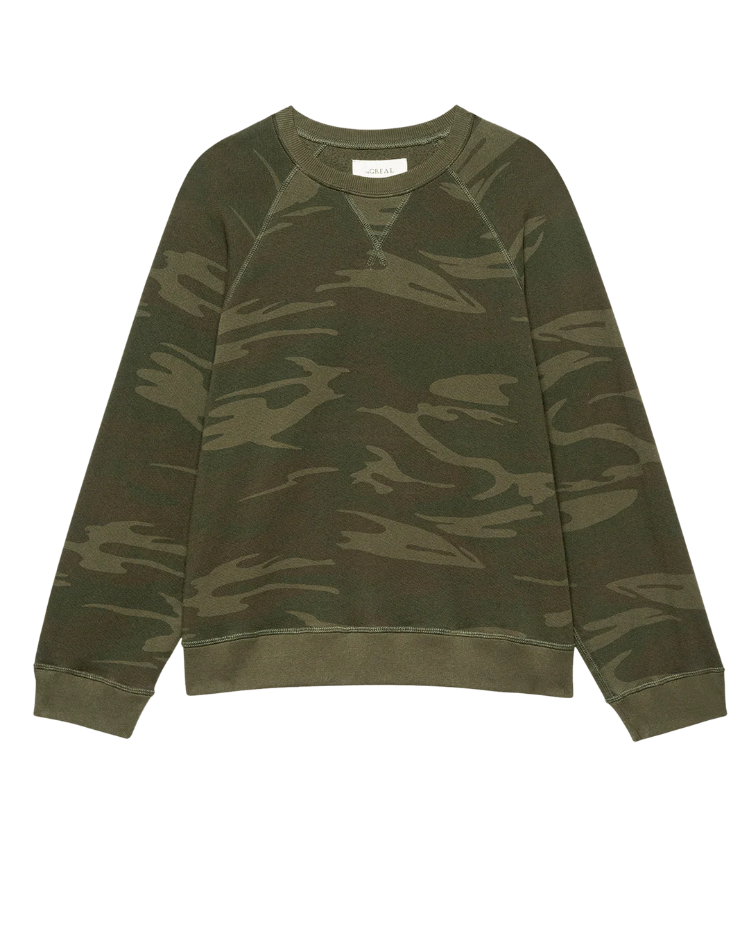 The Slouch Sweatshirt by The Great Inc. is a long-sleeve crewneck pullover, made in Los Angeles, featuring a green and brown camouflage pattern with ribbed cuffs and hem and a subtle vintage effect.