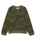The Slouch Sweatshirt by The Great Inc. is a long-sleeve crewneck pullover, made in Los Angeles, featuring a green and brown camouflage pattern with ribbed cuffs and hem and a subtle vintage effect.