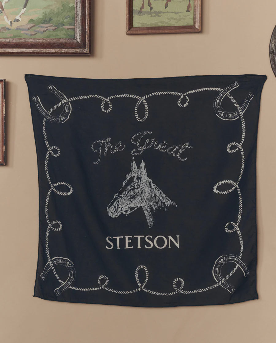 The Stetson Western Bandana by The Great Inc. features white horse head graphics, “The Great STETSON,” and a rope and horseshoe border, displayed on a beige wall beneath framed art.