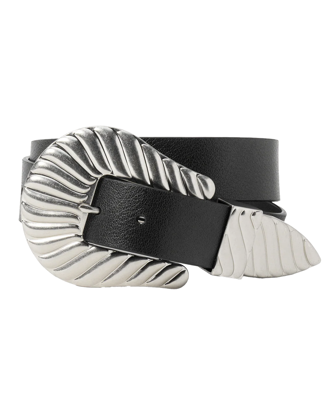 The Great Inc.'s The Big Buckle Belt, in black top-grain leather, features a large silver fluted buckle with wing-like ridged designs on the buckle and tip, shown coiled against a white background.