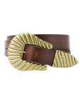 The Great Inc. presents The Big Buckle Belt, made from top-grain leather with a large fluted gold buckle and pointed tip—both featuring elegant ribbed, curved designs.