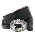 A coiled Tooled Waist Belt by The Great Inc., in black top-grain leather with an ornate engraved oval silver buckle, displayed against a light background.