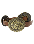 The Great Inc. Leather Concho Belt features brown embossed top-grain leather with ornate, oval brass conchos that have scalloped edges and diamond-shaped center details, highlighting fine Western craftsmanship.