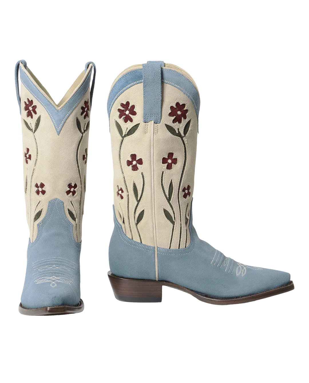 The Great Inc. Suede Floral Cowboy Boot features handcrafted light blue feet, cream shafts, red flower and green vine embroidery, medium heels, and pointed toes—a perfect western style for any occasion.