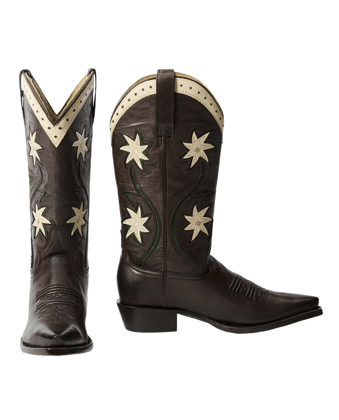 The Great Inc. Leather Floral Cowboy Boot features dark brown handcrafted leather, pointed toes, decorative stitching, cream tops, and star-shaped side designs—classic western style shown from both front and side views.