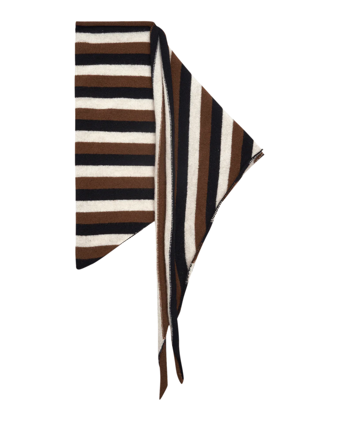 The Cashmere Neckerchief by The Great Inc., featuring large diagonal stripes in brown, black, and white, is showcased against a plain background. Its pointed ends form a striking triangular shape.