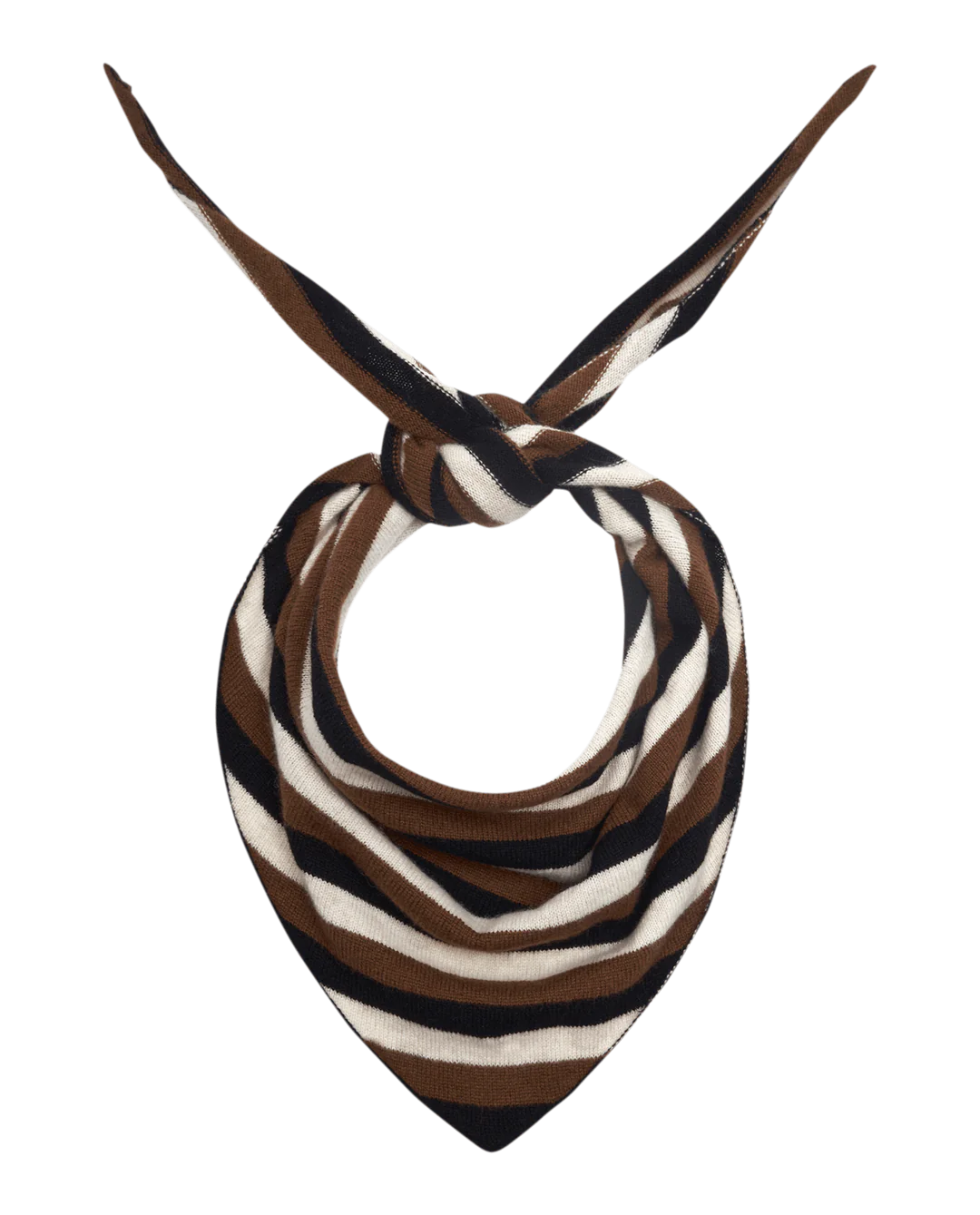 The luxurious &quot;The Cashmere Neckerchief&quot; by The Great Inc. features an elegant design with brown, black, and white stripes, complete with a knotted detail and pointed ends, beautifully showcased on a plain background.