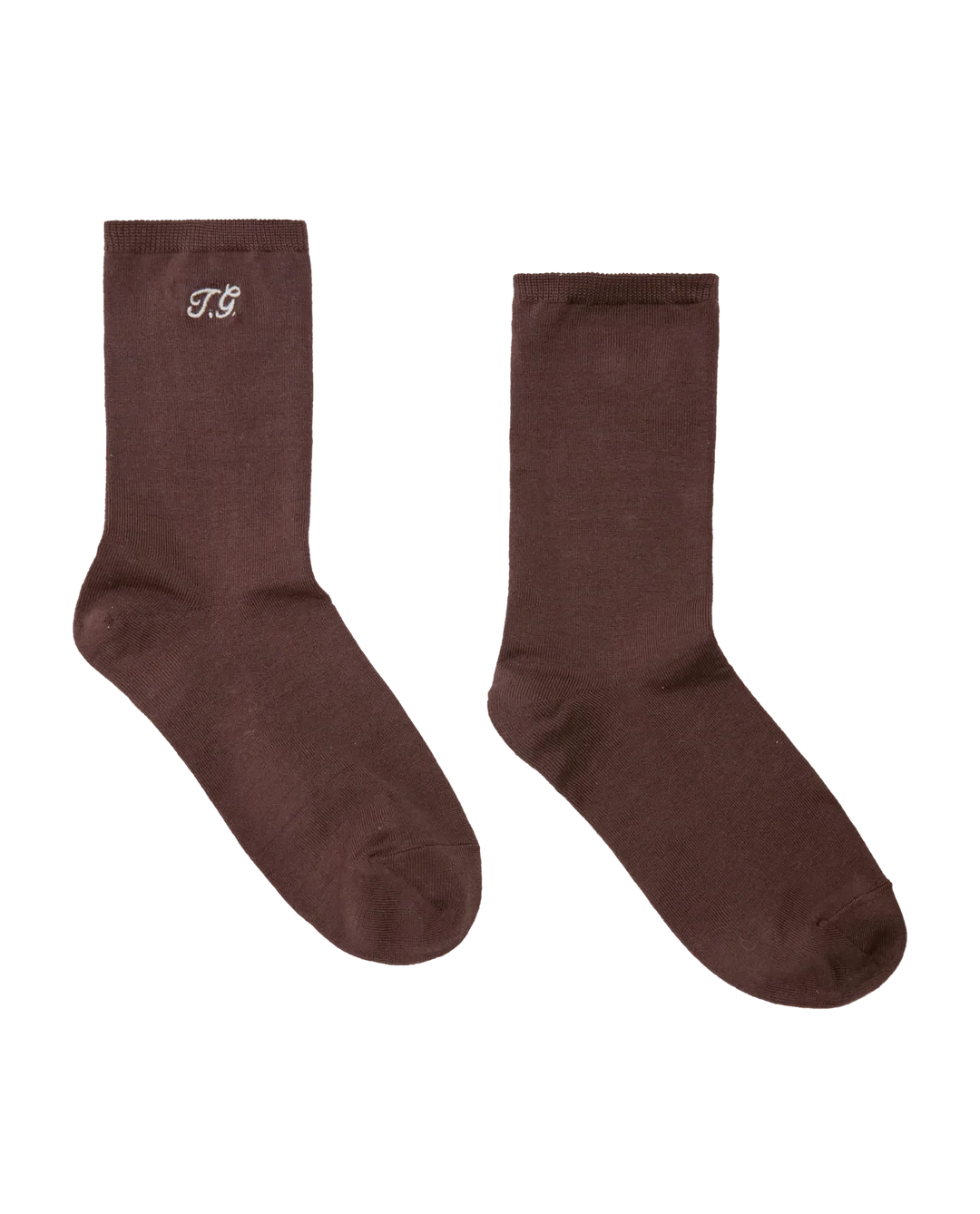 Chocolate brown trouser sock with TG monogram by The Great Inc., mercerized cotton, classic and stylish.
