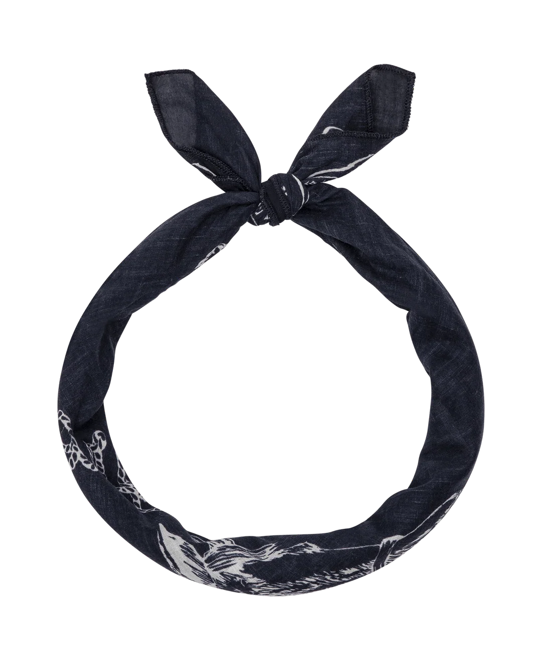 The Great Inc.'s The Stetson Western Bandana features classic black fabric with white patterns, tied in a loop knot and displayed on a plain white background.