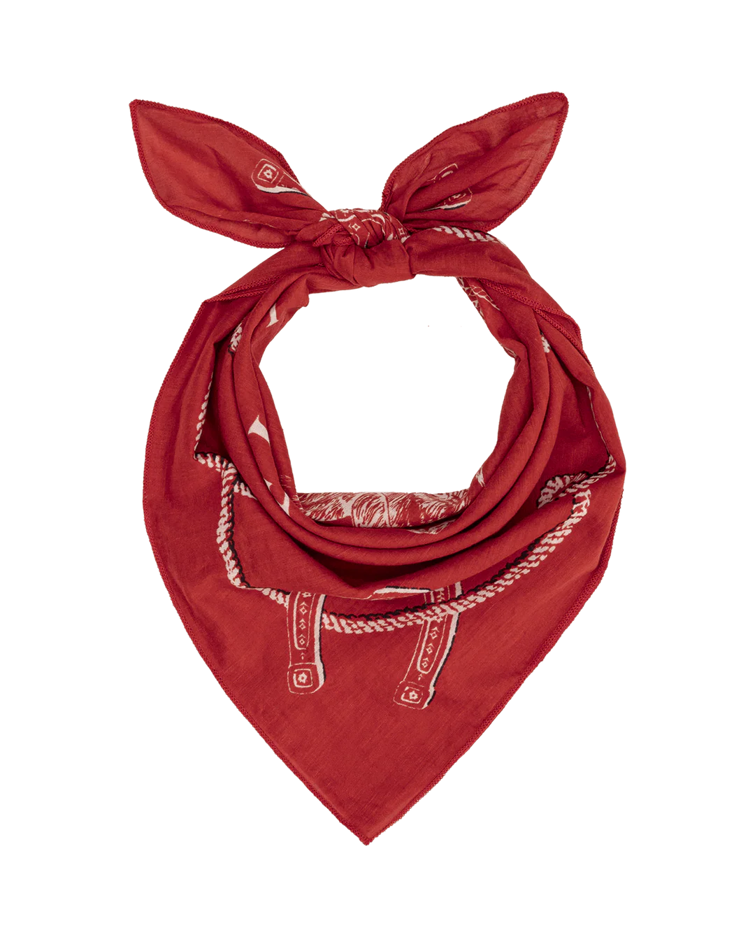The Stetson Western Bandana by The Great Inc. features a red cotton fabric with a white print, folded and knotted with two pointed ends—ideal for fans of timeless Western style. Displayed on a plain white background.
