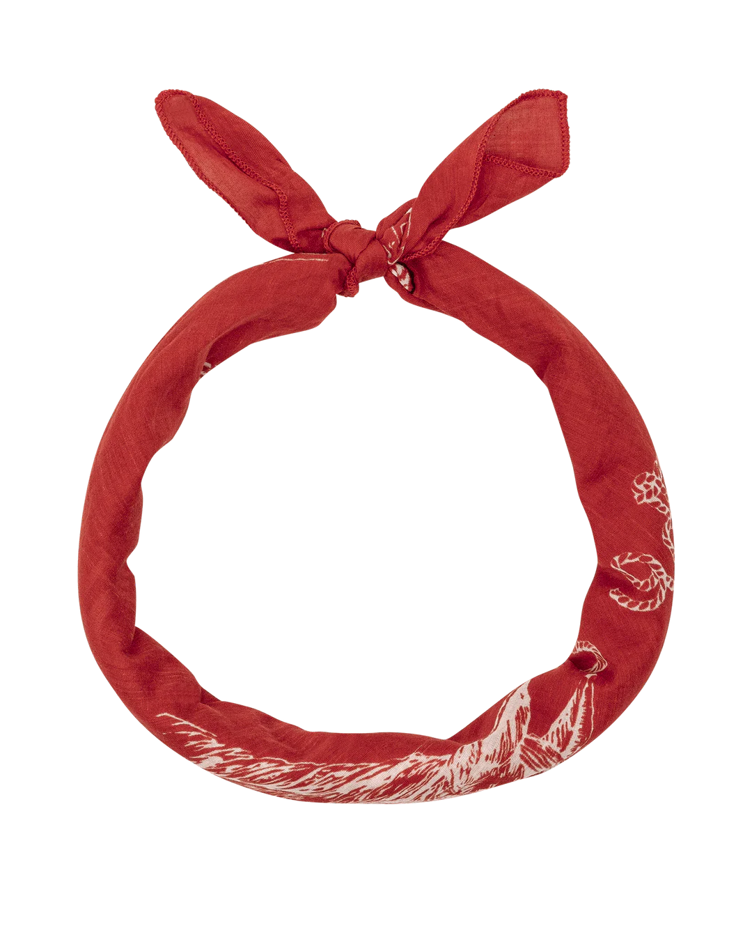 The Stetson Western Bandana by The Great Inc., shown in red with a white pattern, is tied in a top knot and displayed circularly against a white background.