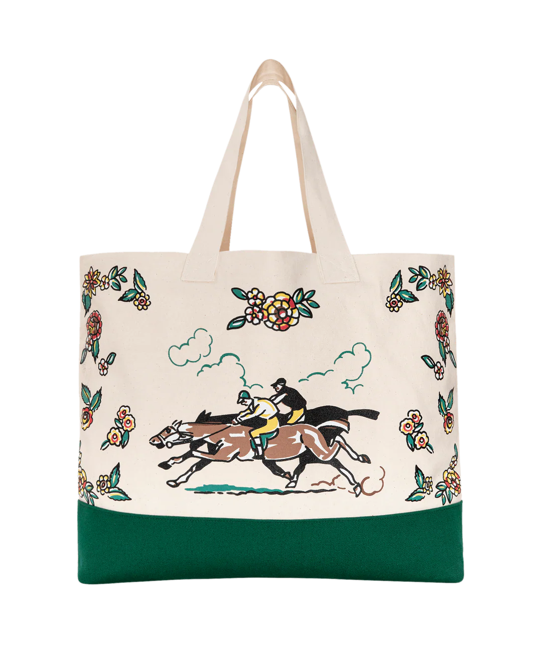 The Derby Tote by The Great Inc. is a cotton canvas bag with green trim, two off-white handles, and a design of two jockeys on horses among colorful florals, inspired by American Western memorabilia.