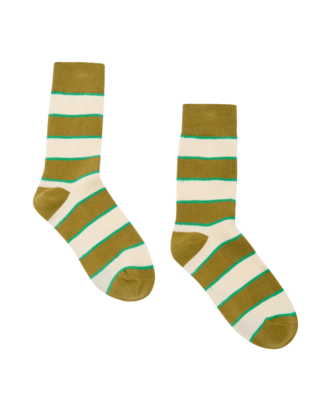 Green trouser sock with classic stripes by The Great Inc., Collegiate Sock, timeless style for everyday wear.