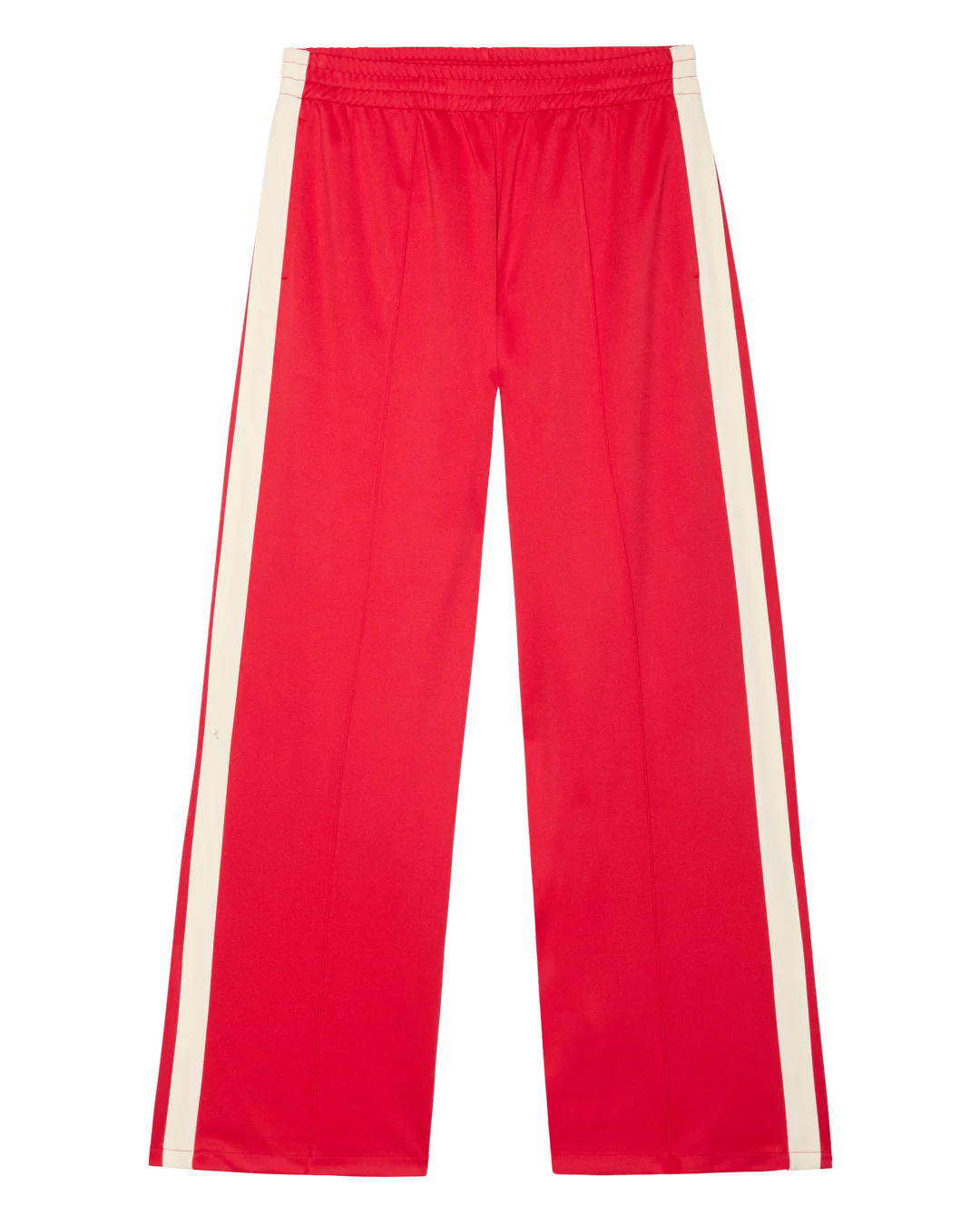 The Great Inc. The Wide Leg Track Pant in red features wide legs, white side stripes, and an elasticated waistband. Shown laid flat on a white background.