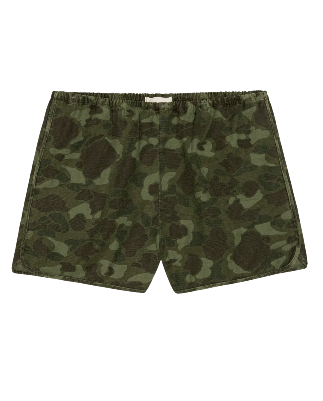 The Dolphin Short by The Great Inc.—a pair of green camo cotton sateen shorts with an elastic waistband—shown flat on a white background.