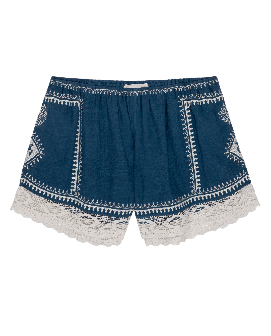 The Sparrow Short by The Great Inc. features vintage-inspired blue cotton with white embroidery, lace-trimmed hem, elastic waistband, decorative stitching, and geometric details for a charming look.