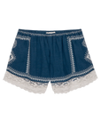 The Sparrow Short by The Great Inc. features vintage-inspired blue cotton with white embroidery, lace-trimmed hem, elastic waistband, decorative stitching, and geometric details for a charming look.