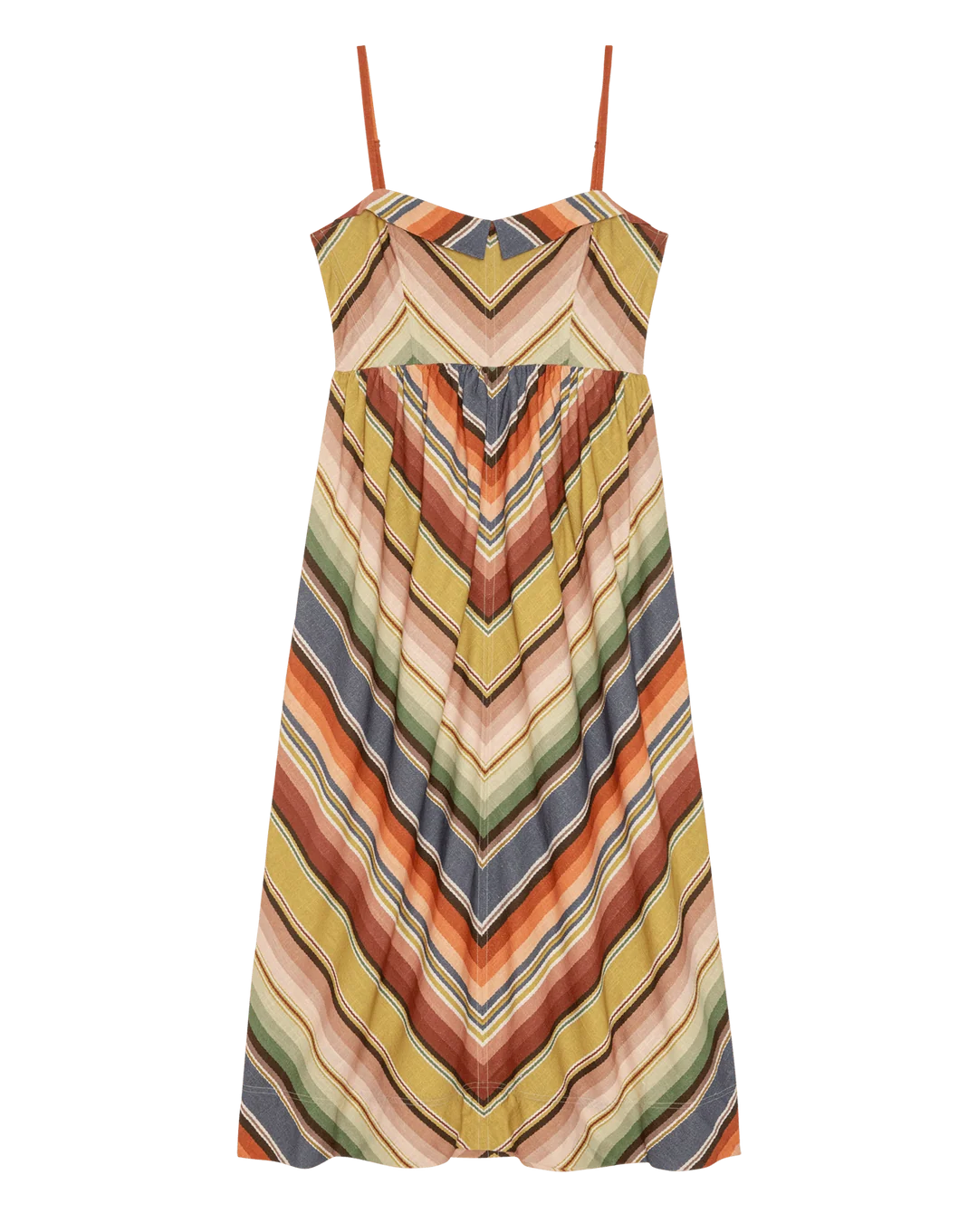 Sleeveless striped dress with spaghetti straps and pleated skirt by The Great Inc., Davenport Stripe.