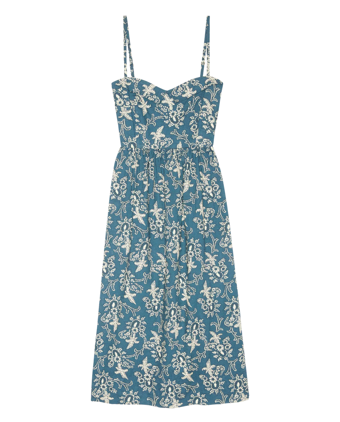 The Verse Dress by The Great Inc. is a sleeveless blue cotton midi dress with thin straps, a white floral print, sweetheart neckline, fitted bodice, and slightly flared skirt for a sculpted look.
