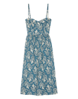 The Verse Dress by The Great Inc. is a sleeveless blue cotton midi dress with thin straps, a white floral print, sweetheart neckline, fitted bodice, and slightly flared skirt for a sculpted look.