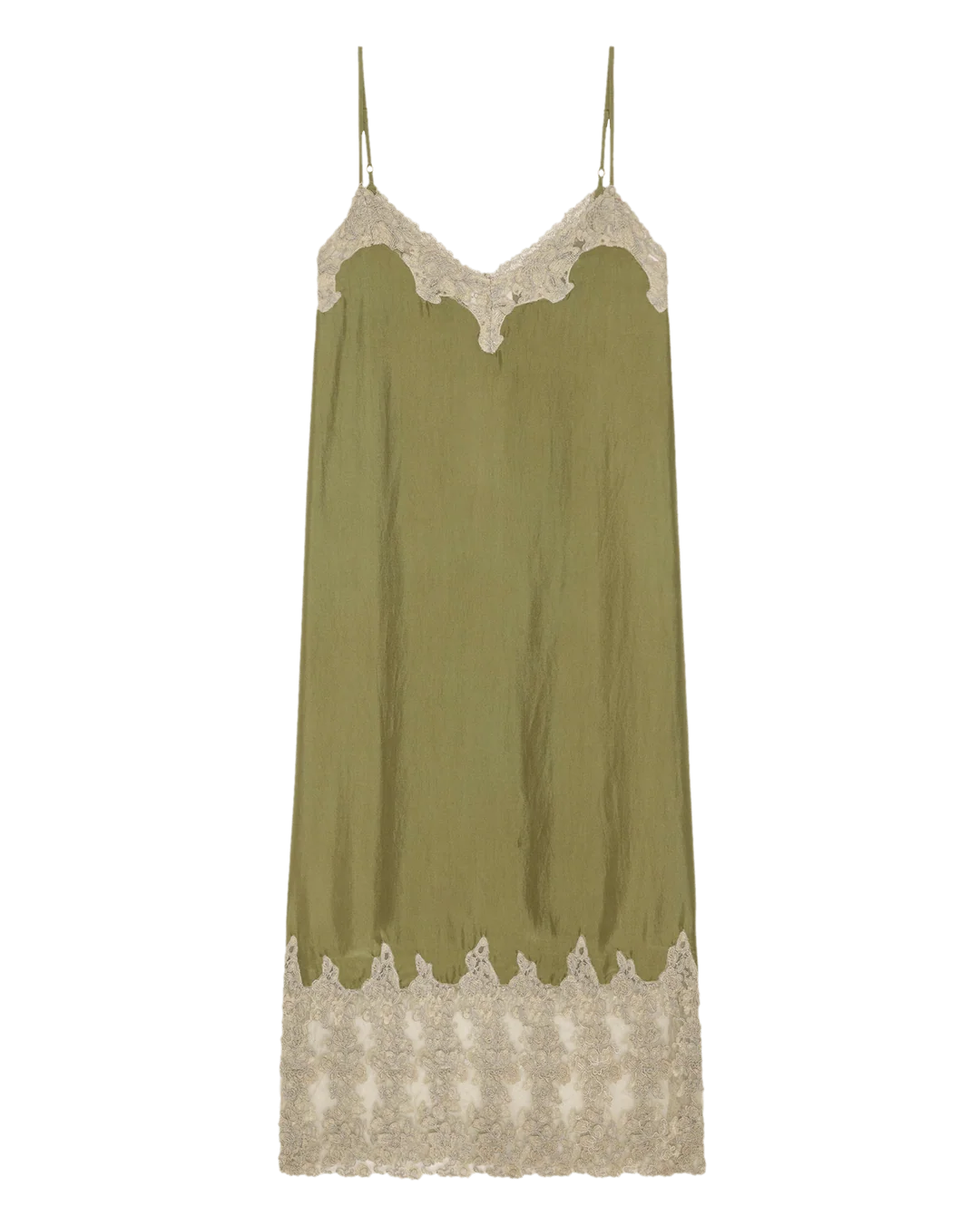 Light olive silk dress with thin straps and beige lace trim by The Great Inc., vintage-inspired, knee-length style.