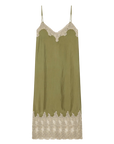 Light olive silk dress with thin straps and beige lace trim by The Great Inc., vintage-inspired, knee-length style.
