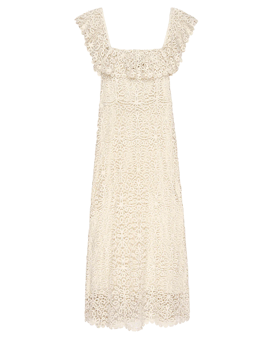 The Balcony Dress by The Great Inc. is a cream-colored, sleeveless lace midi with a square neckline, ruffled shoulders, intricate floral patterns, and scalloped edges, elegantly capturing the vintage charm of the 1930s as it falls to knee length.