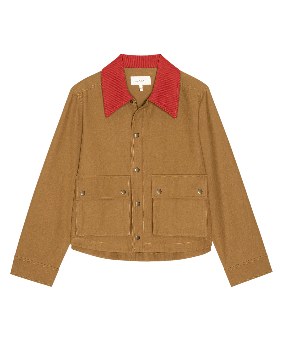 Brown waxed cotton jacket with corduroy collar and front pockets by The Great Inc., Swingy Jacket style.