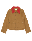 Brown waxed cotton jacket with corduroy collar and front pockets by The Great Inc., Swingy Jacket style.
