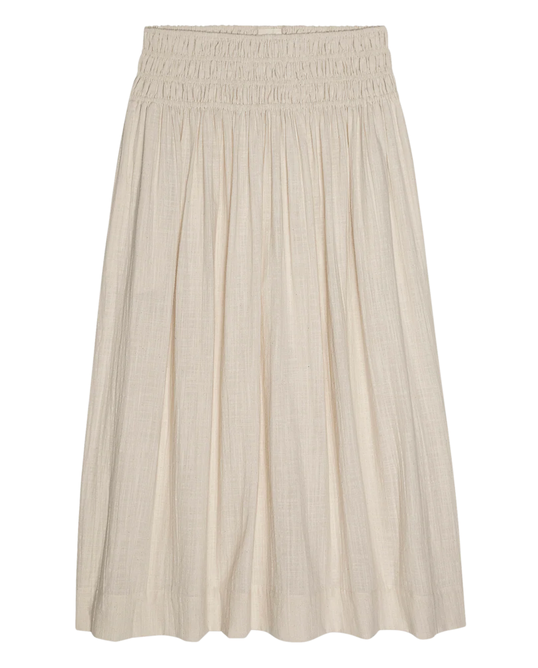 The Viola Skirt by The Great Inc. is a beige, knee-length skirt with a gathered smocked waistband and loose, pleated design, crafted from lightweight, textured shadow stripe cotton.