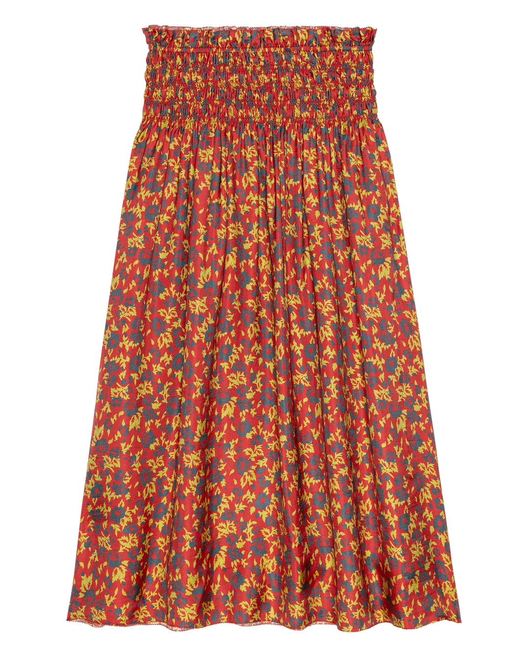 Canary Skirt in Guilded Poppy with a smocked waist, shown flat; The Great Inc., vibrant casual wear.
