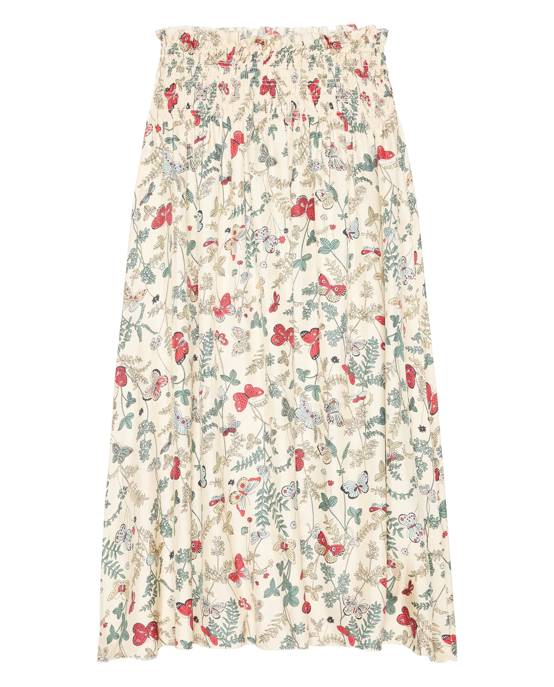 The Canary Skirt by The Great Inc. is a white silk twill skirt with red, green, and blue floral and butterfly prints, featuring a smocked waistband and flowy silhouette for effortless elegance.