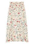 The Canary Skirt by The Great Inc. is a white silk twill skirt with red, green, and blue floral and butterfly prints, featuring a smocked waistband and flowy silhouette for effortless elegance.