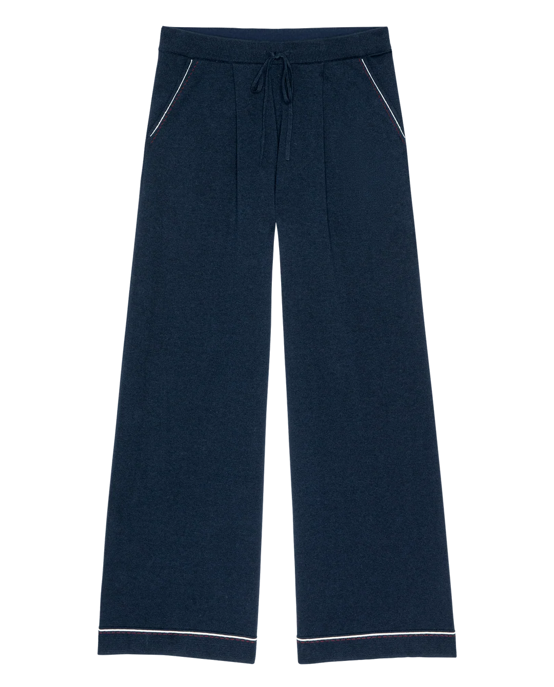 Wide leg navy cotton-ramie pants with white trim and drawstring, Menswear Tipping Trouser by The Great Inc.