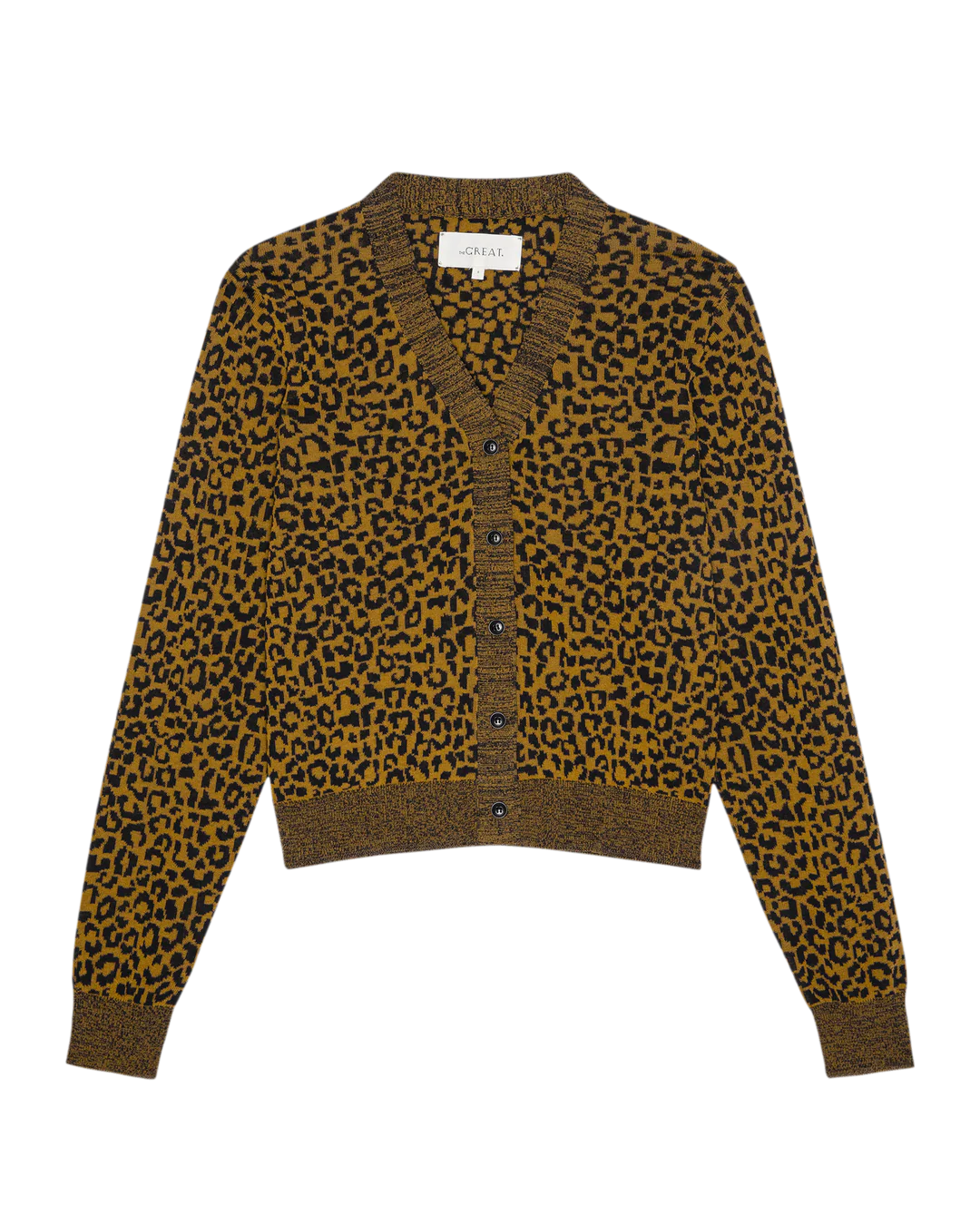 The Shrunken Vneck Cardigan by The Great Inc. features a brown and black leopard print, long sleeves, black buttons, ribbed cuffs and hem, and a flattering V-neck, shown laid flat on a white background.