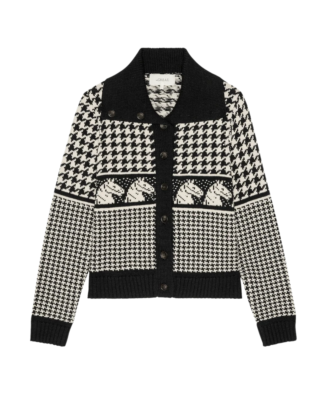 Black and white houndstooth cardigan with buttons and ribbed cuffs by The Great Inc.