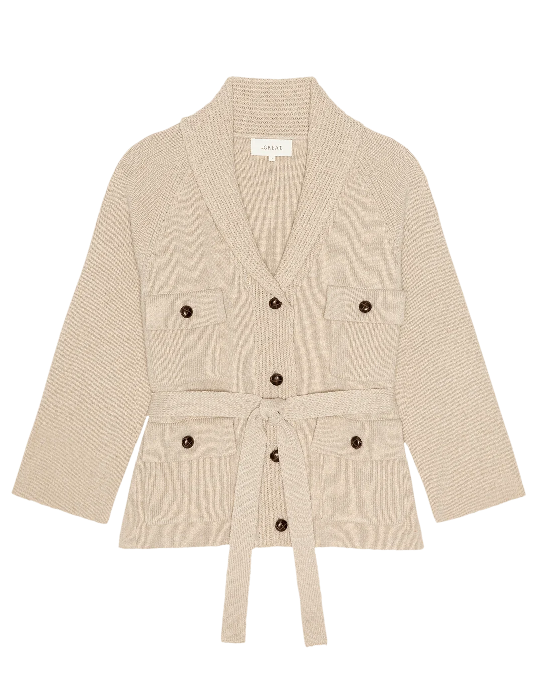 Military-inspired cardigan with shawl collar, four pockets, belt, and dark buttons by The Great Inc.