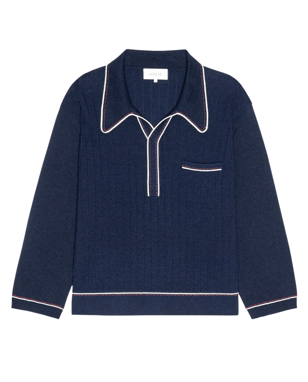 Navy oversized polo with white trim, chest pocket, and zip front by The Great Inc., cotton-ramie blend menswear.