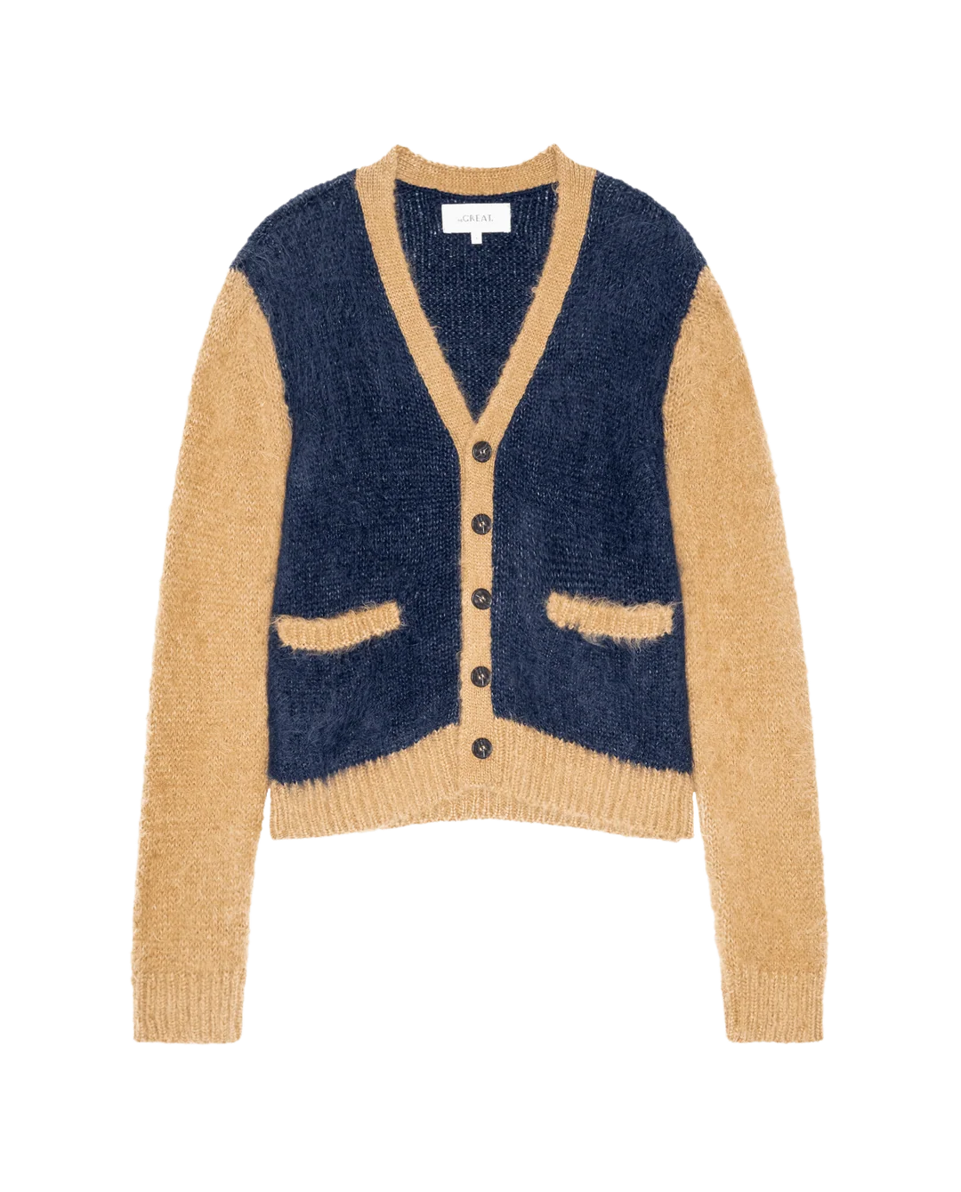 Color-block fuzzy cardigan with tan sleeves, navy front, and black buttons by The Great Inc., Wellington Card.