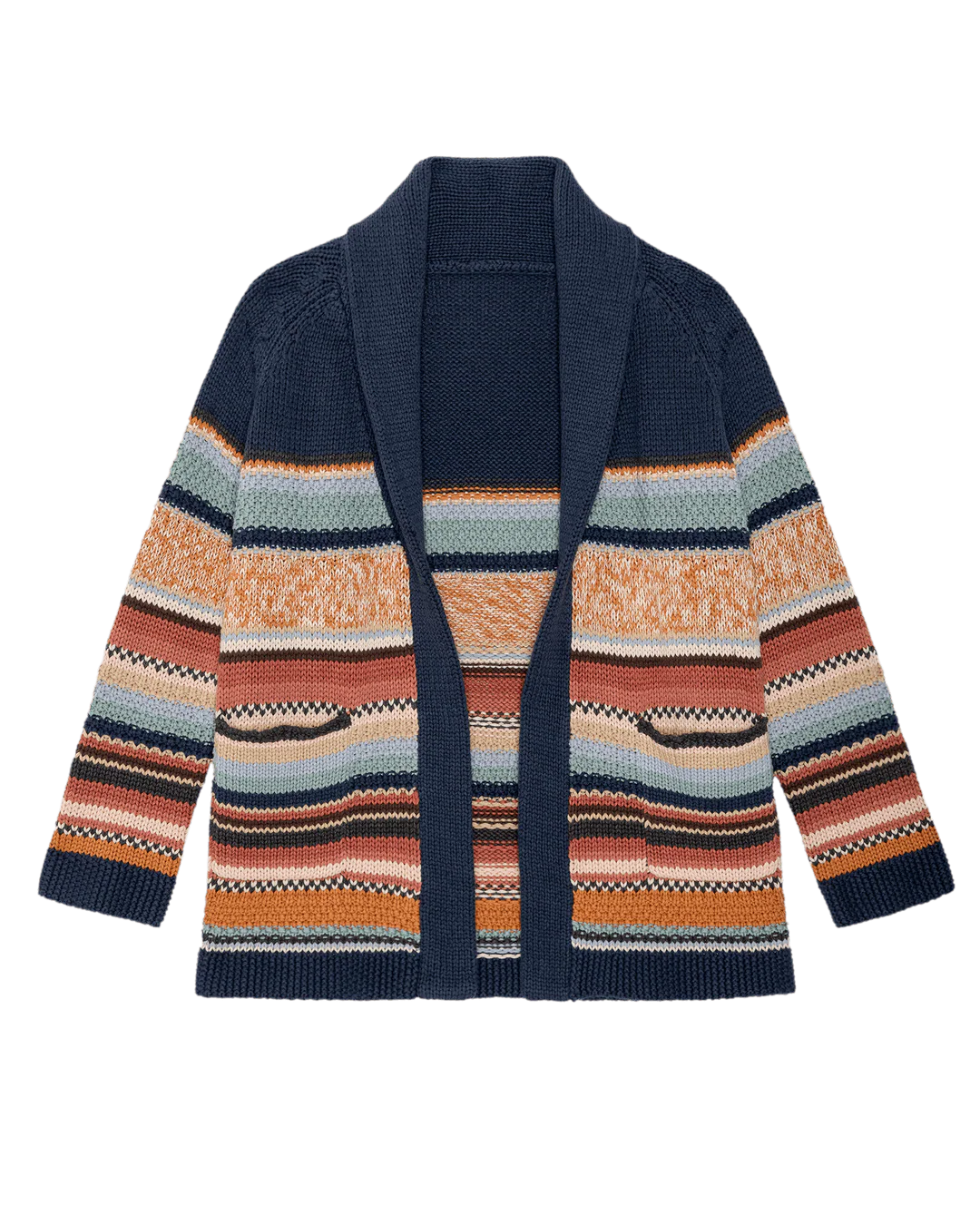 The Mountain Lodge Cardigan by The Great Inc. is a chunky knit Southwestern-style sweater with a dark navy shawl collar, multicolored horizontal stripes in orange, beige, green, pink, and blue, long sleeves, and two front pockets.