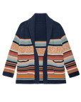 The Mountain Lodge Cardigan by The Great Inc. is a chunky knit Southwestern-style sweater with a dark navy shawl collar, multicolored horizontal stripes in orange, beige, green, pink, and blue, long sleeves, and two front pockets.