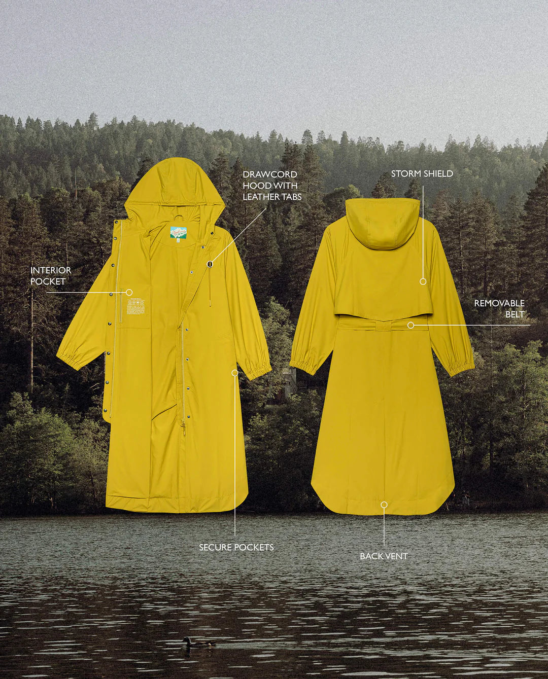 The Great Inc.'s "The Rain Trench" hooded raincoat, made from water-repellent trench material, boasts a drawcord hood with leather tabs, storm shield, removable bill, secure pockets including an interior one, and a back vent. It's presented against a forested lake backdrop with labeled front and back views.