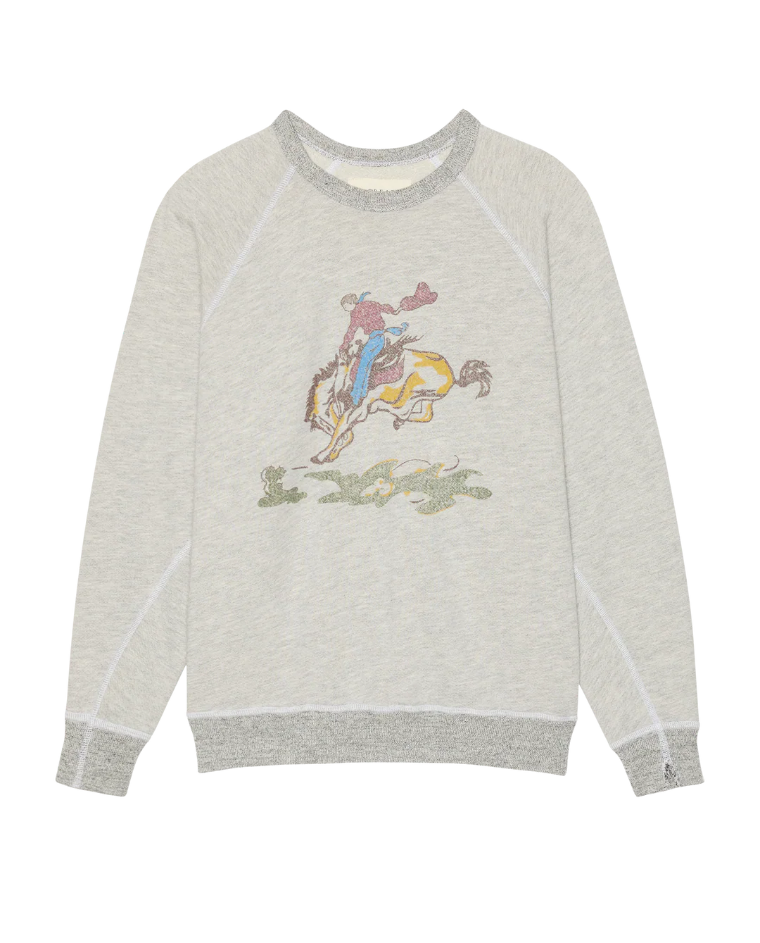 The College Sweatshirt 2026 by The Great Inc. is a light gray, oversized vintage piece with a cowboy riding a bucking horse graphic, handcrafted in Los Angeles from washed terry and finished with dark gray ribbed cuffs, collar, and hem.