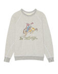 The College Sweatshirt 2026 by The Great Inc. is a light gray, oversized vintage piece with a cowboy riding a bucking horse graphic, handcrafted in Los Angeles from washed terry and finished with dark gray ribbed cuffs, collar, and hem.