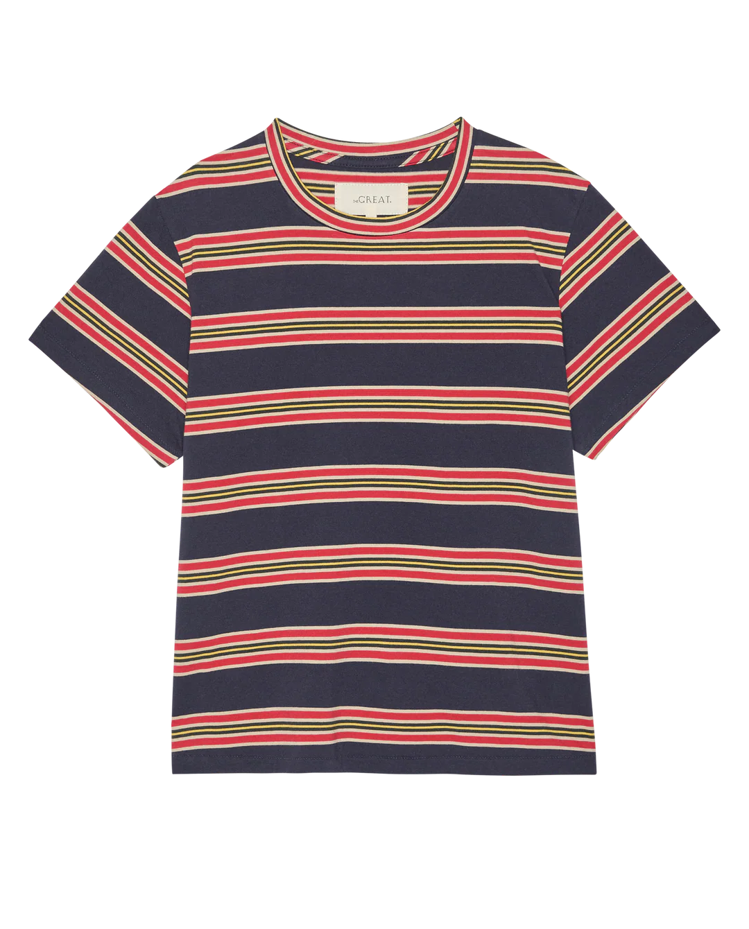 The Little Tee by The Great Inc. is inspired by a vintage men’s undershirt, featuring horizontal navy, red, green, and white stripes, and is displayed flat on a plain white background.